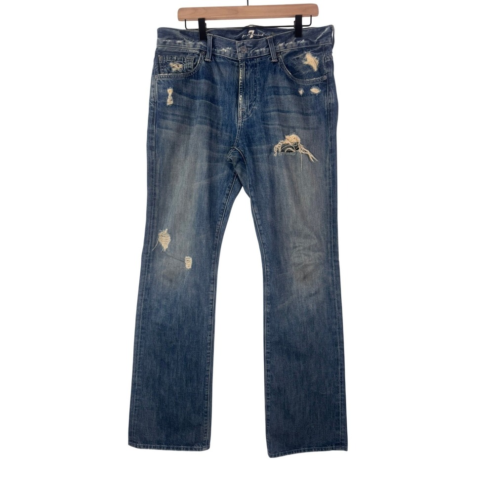 7 For All Mankind Mens Bootcut Distressed Ripped Jeans Blue Denim Size 34 Y2K